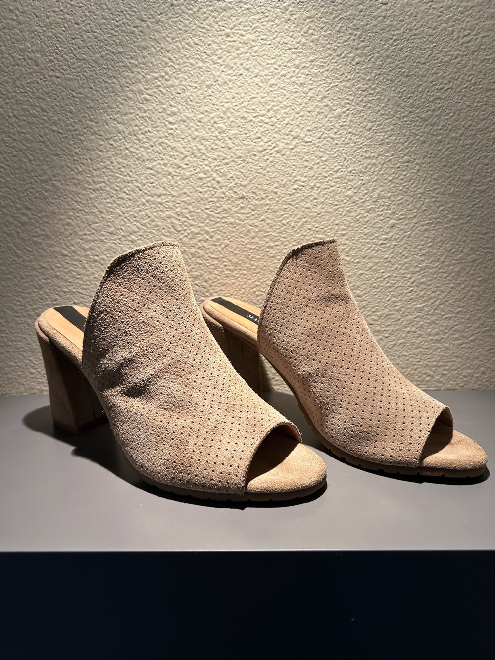Matt Bernson Beige Suede Perforated Peep-Toe Block Heel Mules